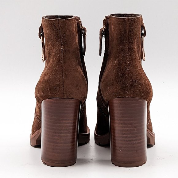 Tory Burch Women Sofia 85 Lug Sole T Logo Heeled Brown Suede Boots size 5 - Picture 6 of 11